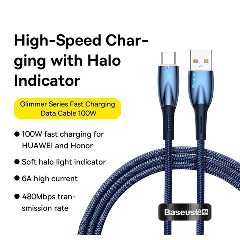 Cable USB Baseus Glimmer, USB tipo-A, USB tipo C, 100 cm, 100 W, azul, con revestimiento de nylon, #CADH000403 Vista previa  1