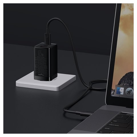 Сетевое зарядное устройство Baseus GaN3 Pro, 65 Вт, Quick Charge, черный, c кабелем USB тип-C к USB тип-C, 3 порта, #CCGP050101 Превью 1