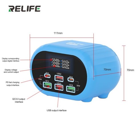 Adaptador de red RELIFE RL-309U, 72 W, Quick Charge, Power Delivery (PD), gris, 6 puertos Vista previa  3