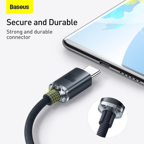 USB кабель Baseus Crystal Shine Series, USB тип-C, USB тип-A, 120 см, 100 Вт, черный, в нейлоновой оплетке, #CAJY000401 Превью 1