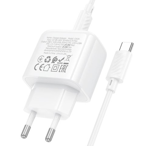 Сетевое зарядное устройство Hoco CS53A, 25 Вт, Power Delivery (PD), белый, c кабелем USB тип-C к USB тип-C, 1 порт, #6942007631501 Превью 3